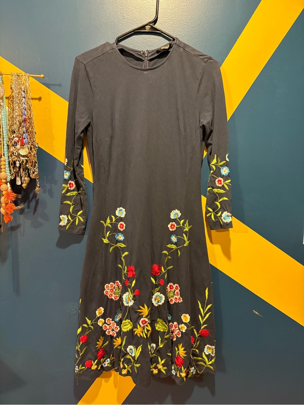 eShakti Navy & Floral Embroidery Long Sleeve Midi Dress EUC